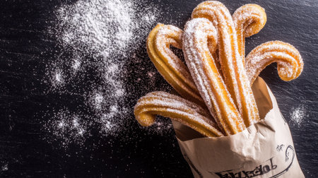Traditional Spanish churros with sugar and a side of warm chocolate, on a rustic tabletop.の素材