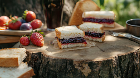 Rustic scene with small sandwiches featuring plum and strawberry jam, with fresh fruit accents.の素材