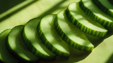 Vibrant display of sliced cucumbers on a cutting board, perfect for health-focused visuals.の素材