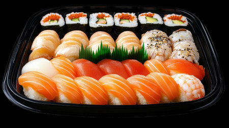 Vibrant sushi selection with nigiri and rolls on a stylish black platter, ideal for a feast.の素材