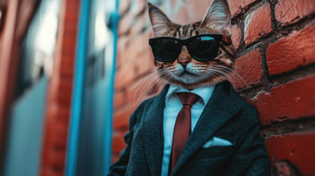 A professional-looking cat dressed in a suit, tie, and dark sunglasses, embodying business sophistication in office lightの素材