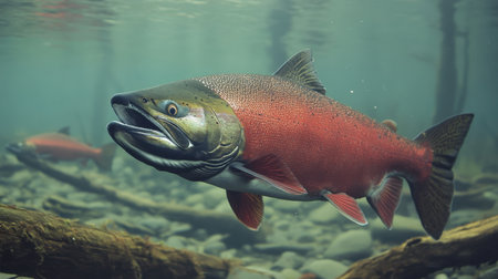 Vibrant painting of Chinook salmon swimming in blue, fresh river water with strong currents and rich colors.の素材