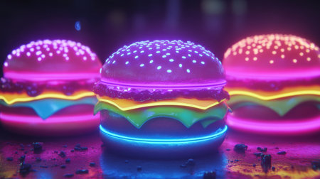 Stylish neon burger light with glowing buns and toppings, casting a colorful glow for a unique aesthetic.の素材