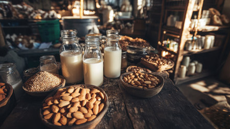Various plant-based milks, including almond milk, in glass jars with nuts, set on a rustic table.の素材