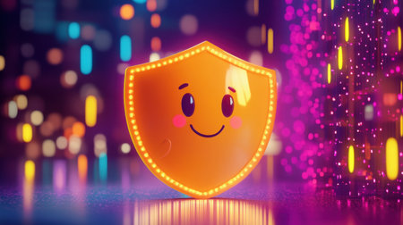 Adorable cartoon shield character blocking hacker icons, symbolizing data protection, with cheerful expression and bright backgroundの素材