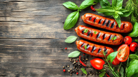 Tasty grilled sausages with herbs and spices, served on a rustic wooden background.の素材