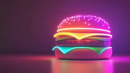 Stylish neon burger light with glowing buns and toppings, casting a colorful glow for a unique aesthetic.の素材