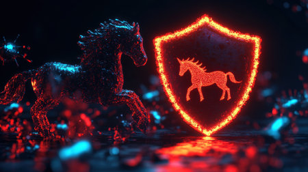 3D render of a Trojan horse virus blocked by a glowing shield, vibrant colors highlighting cybersecurity and protectionの素材
