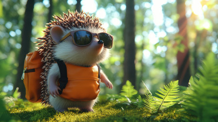 Adorable hedgehog with sunglasses and backpack, strolling through a vibrant green forest on a sunny dayの素材
