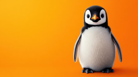 Cartoon penguin with an animated expression on an orange background, exuding charm and playfulnessの素材
