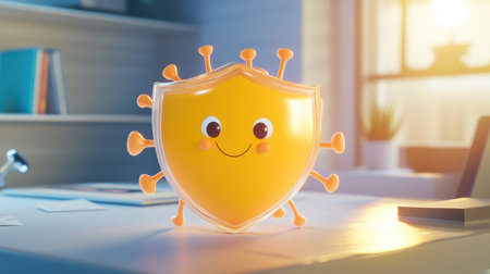 Adorable virus thwarted by cheerful shield, showcasing robust data safety in a lighthearted cartoon scene with copy spaceの素材