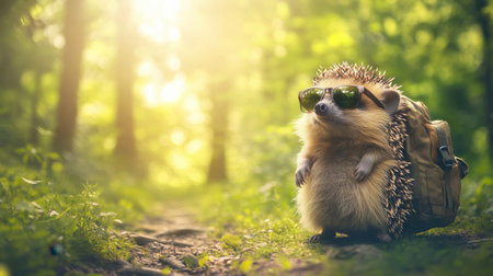 Adorable hedgehog with sunglasses and backpack, strolling through a vibrant green forest on a sunny dayの素材