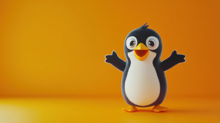Adorable penguin cartoon with wide eyes and a playful stance on an orange backdrop, ideal for children contentの素材