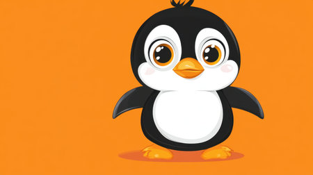 Adorable penguin cartoon with wide eyes and a playful stance on an orange backdrop, ideal for children contentの素材