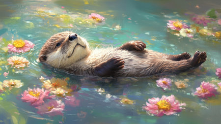 Baby otter floating in pastel river with flowers, peaceful expression and soft fur, creating a tranquil atmosphereの素材