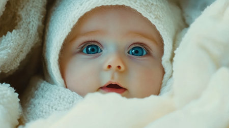 Baby with sparkling blue eyes wrapped in white, resting quietly and looking around with curiosity, innocence capturedの素材