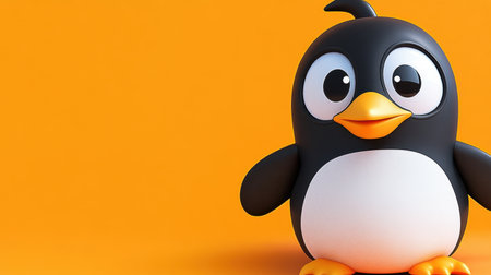 Adorable penguin cartoon with wide eyes and a playful stance on an orange backdrop, ideal for children contentの素材