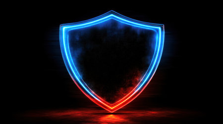 Advanced shield glowing with blue and red neon lights, dark cyber setting symbolizing digital defense and securityの素材