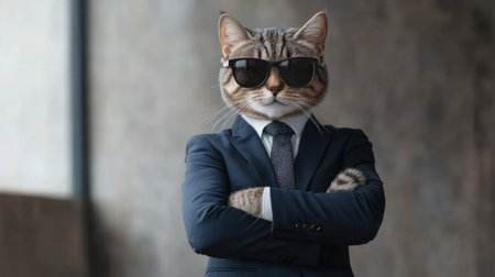 Business cat in a navy suit, tie, and trendy sunglasses, posed confidently with crossed arms in modern business environmentの素材