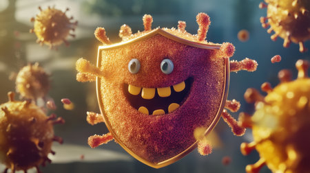 Adorable virus thwarted by cheerful shield, showcasing robust data safety in a lighthearted cartoon scene with copy spaceの素材