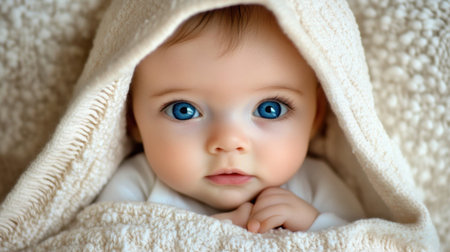 Adorable newborn with big blue eyes, wrapped snugly in a soft white blanket, lying peacefully against a cozy backgroundの素材