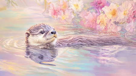 Baby otter floating in pastel river with flowers, peaceful expression and soft fur, creating a tranquil atmosphereの素材