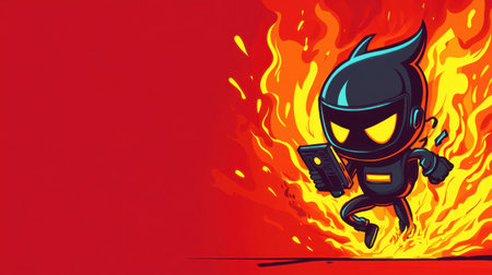 Cheerful firewall greeting cartoon hacker, symbolizing effective digital security with bright, fun colorsの素材