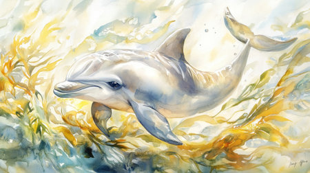 Baby dolphin in watercolor style, resting amid seaweed with gentle sunlight filtering through waterの素材