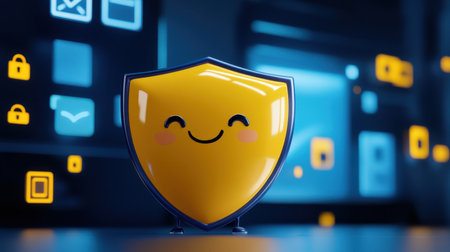 Cartoon shield character standing confidently in front of personal data icons, keeping hackers at bay with a happy expressionの素材