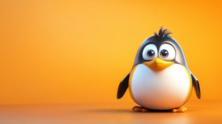 Cartoon penguin with an animated expression on an orange background, exuding charm and playfulnessの素材
