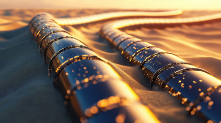 Bird eye view of pipelines stretching over desert terrain, highlighting oil distribution complex connections and global significanceの素材