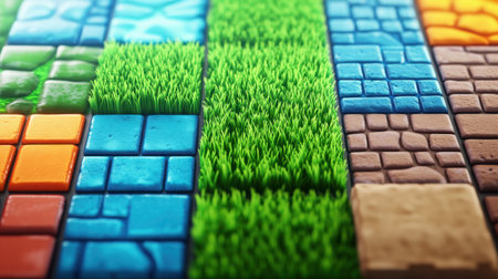 Brightly colored, blocky tileset with textures for grass, sand, and mountains, reminiscent of retro game designsの素材