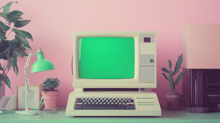 Classic computer with blinking green screen, pastel tones and retro gadgets around, nostalgic 80s vibeの素材