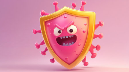 Cartoon virus character bouncing off a sturdy shield with a cute frown, symbolizing data protection, plenty of copy spaceの素材