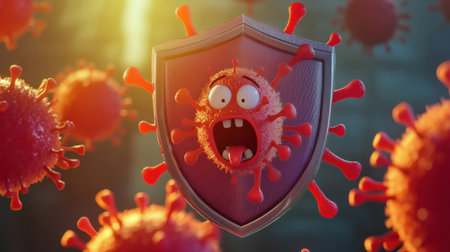 Cartoon virus struggling against strong shield, symbolizing data security, bright background with space for textの素材