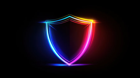 Bright neon shield with digital light effects, emphasizing cyber protection in a dramatic, high-contrast environmentの素材