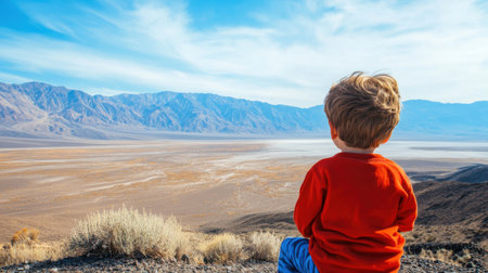 Child overlooking vast barren land, thoughtful expression symbolizing concern for environmental futureの素材