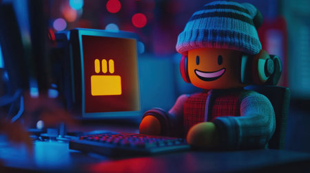 Cheerful firewall greeting cartoon hacker, symbolizing effective digital security with bright, fun colorsの素材