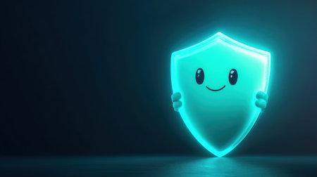 Cute shield character with smile, holding a barrier against sneaky hacker symbols, representing online privacy and securityの素材