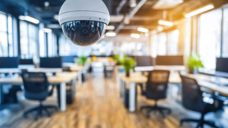 Close-up of security dome camera in contemporary office, highlighting security tech for safe workspacesの素材