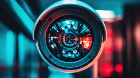 Close-up of security dome camera in contemporary office, highlighting security tech for safe workspacesの素材