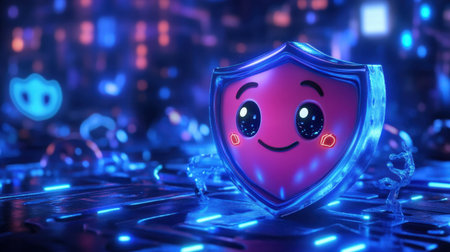 Cute shield character with smile, holding a barrier against sneaky hacker symbols, representing online privacy and securityの素材