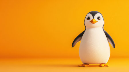 Cute penguin character on bright orange background, smiling and expressing joy, fun and friendly illustrationの素材