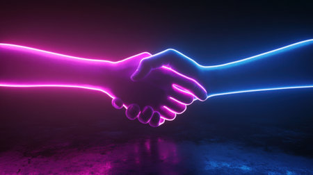 Digital and real handshake in a neon-lit setting, symbolizing modern tech-human collaboration at night, futuristic and vibrantの素材
