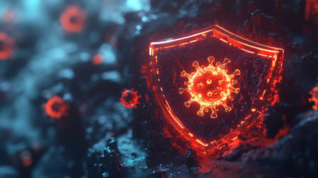 Detailed 3D scene with a Trojan virus icon halted by a strong shield, representing digital defense against online threatsの素材