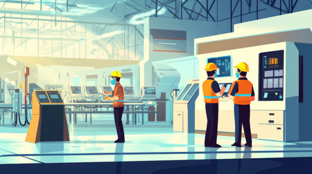 Employees in safety masks and helmets supervising advanced machinery in a modern, high-tech factory setupの素材