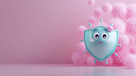 Cute virus character deflected by a determined shield, illustrating digital protection and data security, ample copy spaceの素材