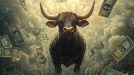 Financially successful bull with floating banknotes around it in a surreal, light-filled background, symbolizing prosperityの素材