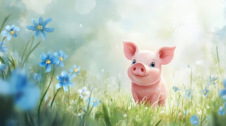 Cute piglet in watercolor style, pink and playful, set among green grass and blue flowers, gentle and soft sceneの素材
