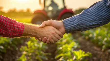 Farmers shaking hands amidst sunlit crops, tractor in the background, illustrating partnership and agricultural progressの素材